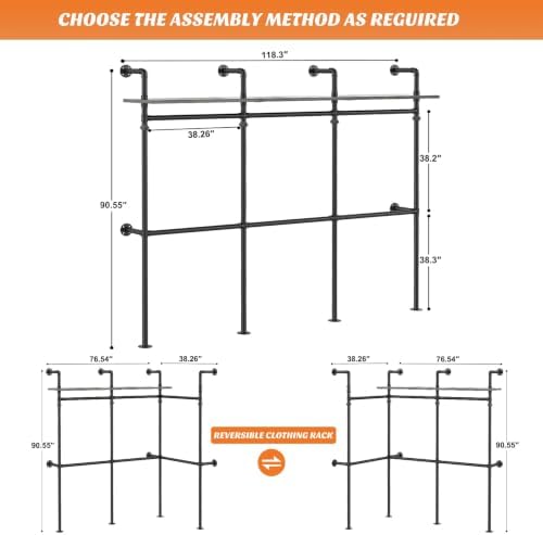 Cyclysio 118.3" Industrial Pipe Clothing Rack with LED Lights and Shelves - Image 2