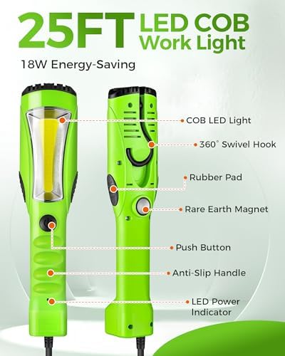 18W LED Work Light, 25FT 2000LM COB LED Light, Handheld Underhood Trouble Light with Cord 16 Gauge SJTW, Swivel Hook, for Garage, Workshop, Car Repair Scene, ETL Listed, Green J04WL06 - Image 3