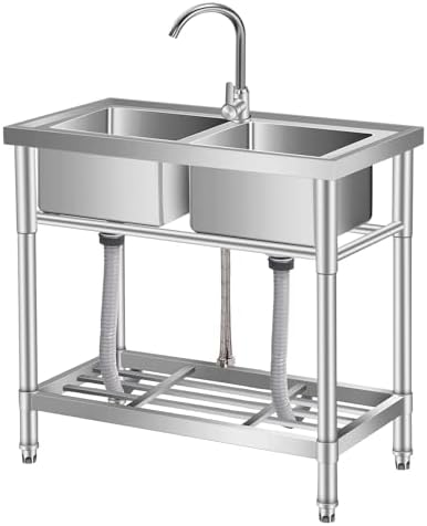 Garvee Stainless Steel Utility Sink with Faucet, Commercial Freestanding Double Bowl Sink with Hot & Cold Water Pipes, Storage Shelf for Restaurant, Kitchen, Garage, Laundry, Outdoor (33in) by Garvee