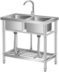Garvee Stainless Steel Utility Sink with Faucet, Commercial Freestanding Double Bowl Sink with Hot & Cold Water Pipes, Storage Shelf for Restaurant, Kitchen, Garage, Laundry, Outdoor (33in) by Garvee