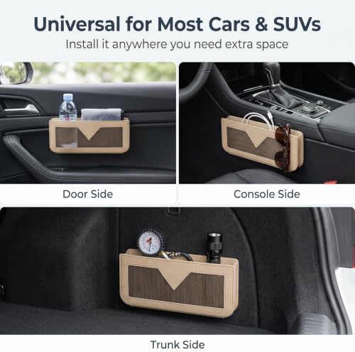 PU Leather Car Seat Gap Storage Pocket, Multifunctional Elastic Mesh Side Organizer, Self-Adhesive Anti-Scratch Car Side Storage Pouch Holds Phone Cards Receipts (Beige) - Image 6