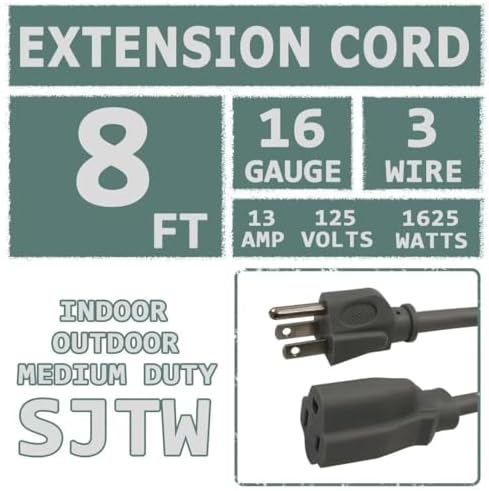 Indoor Outdoor Extension Cord 8 FT Waterproof, 16/3 Gauge Heavy Duty Gray Extension Cords, 13A 1625W SJTW Extension Cord with 3 Prong Grounded Plug, Great for Tools, Lights, UL Listed. - Image 2