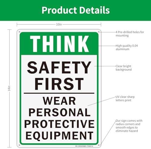 Think Safety First Sign- 2 Pack, 10x14 Inches Wear Personal Protective Equipment Sign, Aluminum Reflective Indoor or Outdoor Use- UV Protected-Fade Resistance- Weatherproof - Image 2