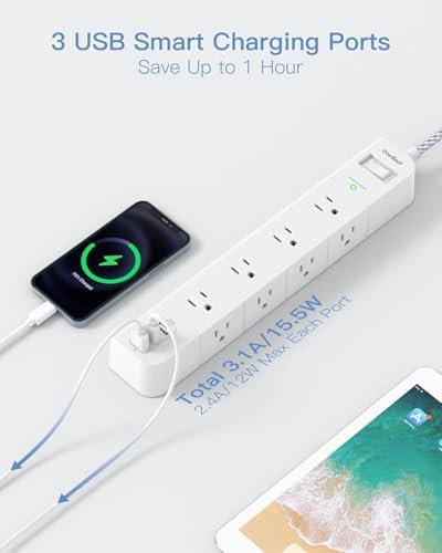One Beat 15 ft Extension Cord,Power Strip Surge Protector,Flat Plug, White - Image 7