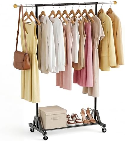 Rolling Garment Rack - Retractable Clothes Rack with Hanging Rods, Lockable Wheels and Bottom Storage Shelf - Sturdy Coat Rack, Freestanding Clothing Organizer for Bedroom, Laundry & Closet by HRUSGO