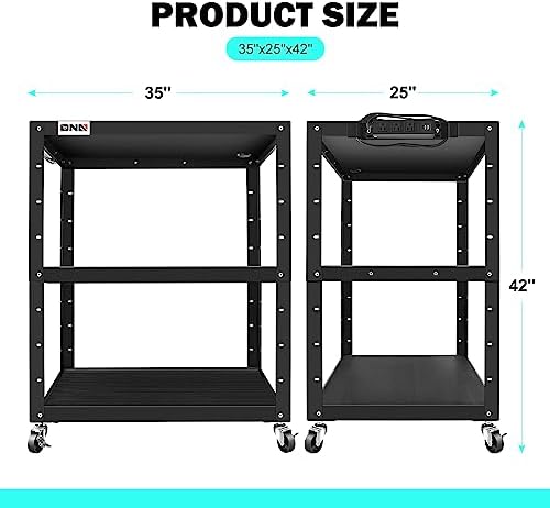 DNA Motoring 3-Layer Utility Steel AV Cart with Wheels Power Strip, 35" x 25" x 24"-42" Height Adjustable Rolling Projector Cart,TOOLS-00137 - Image 3