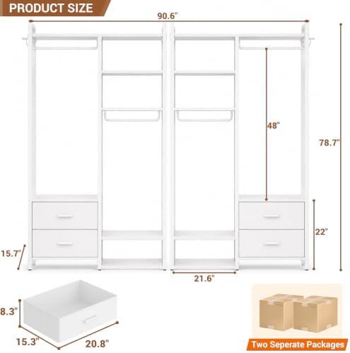 Besiost 78.7'' Clothes Rack for Hanging Clothes - Reversible Clothing Rack with 4 Drawers, Heavy Duty Garment Racks with Shelves, 6 Tiers Freestanding Portable Closet Wardrobe System, Set of 2 White - Image 3