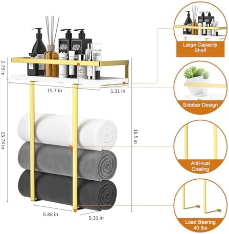 Towel Racks for Bathroom Wall Mounted, Metal Towel Holder with Wooden Shelf for Folding Large Towels, Towel Storage for Small Bathroom Organizer Decor or RV Camping,Golden - Image 2