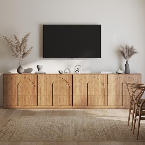 BELLEZE Sideboard Cabinet with 3 Drawers, Set of 4 Modern Wood Buffet Cabinet with Arc Design, Large Fluted Sideboard with Storage for Kitchen Living Room Entryway, Camel - Image 5