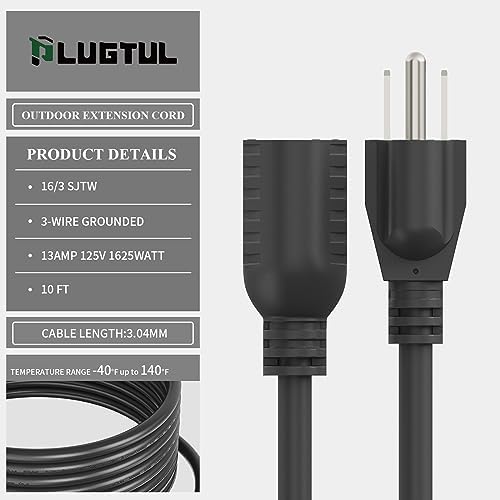 PLUGTUL 2-Pack 10 FT Outdoor Extension Cord | 16/3 Black Heavy Duty 3 Prong Extension Cord, 13A 1625W SJTW, ETL Listed, Great for Garden and Home - Image 3