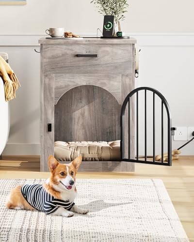CHOEZON Dog Crate Furniture, Wooden Dog Kennel with Charging Station and Storage Drawer, Indoor Pet Crate End Table for Small Breeds, Dog Cage Furniture for Living Room, Bedroom, Greige MGW01UFH - Image 3