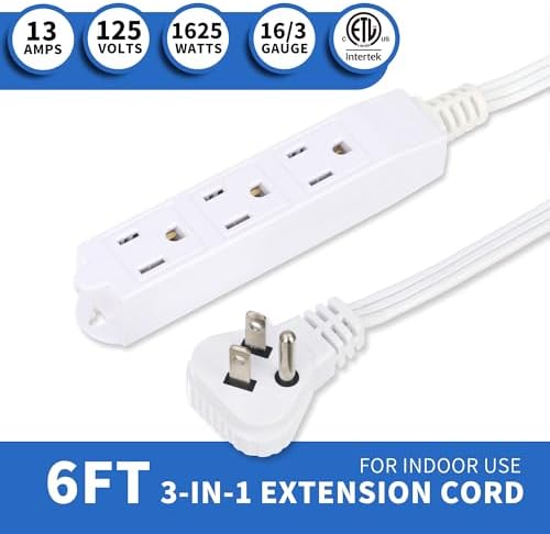 GOMEN 6 Feet Indoor Extension Cord with 3 Outlets, AWG 16/3 Angled Flat Plug Power Strip, 3 Prong Grounded, 13 Amps - 1625 Watts - 125 VAC, White, 2 Pack - Image 2