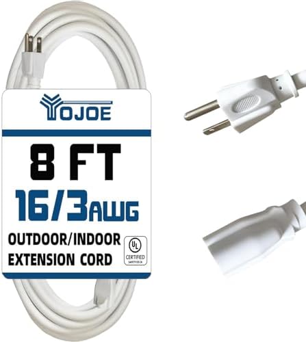 YOJOE Indoor Outdoor Extension Cord, 3 Prong 13A Weatherproof Power Cord, 16 Gauge Heavy Duty 8 ft White Extension Cord for Garage, Garden and Home, 16/3 SJTW UL Certified by YOJOE
