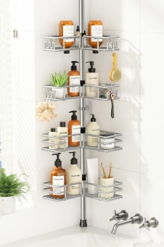 HAMITOR Shower Caddy Tension Pole, 4-Tier No Drill Corner Shower Organizer by HAMITOR