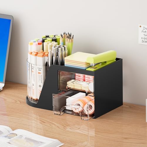 Marbrasse Desk Organizer with 2 Drawer, 360°Rotating Pen Holder, Desk Organizers and Accessories with 6 Slots Pencil Holder + 2 Drawer, Art Supply Storage Box Caddy for Office (Black) - Image 4