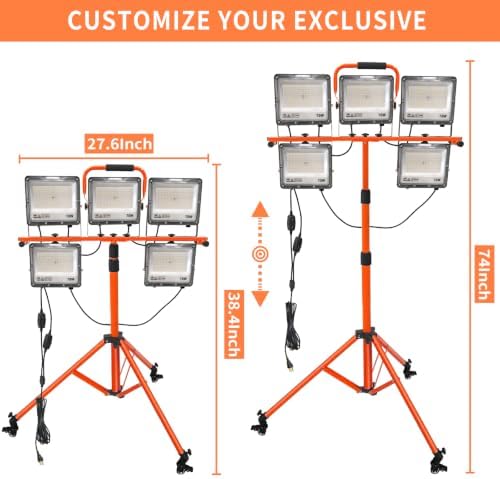 Upgrade 35000 LM Work Lights with Stand, 5 Head Portable LED Work Light with Adjustable Tripod Stand and Wheels, IP66 Waterproof, Worklight for Indoor Garage Job Site Workshop Construction Site - Image 2