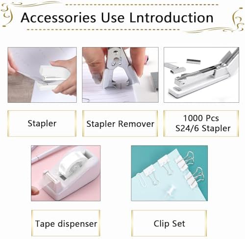 Office Supplies,White Desk Accessories,Stapler and Tape Dispenser Set for Women with Stapler,Tape Dispenser,Staple Remover,Staples,Clips,Scissors and Tabs,Gift for Students,Coworkers,Teacher,Business - Image 2