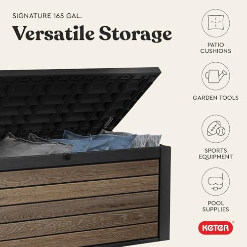 Keter Signature Collection 165 Gallon Resin Deck Box Organization and Storage Box for Patio Outdoor Cushions, Throw Pillows, Garden Tools and Pool Supplies, Walnut - Image 6