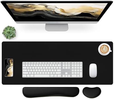 Bloss Leather Desk Pad and Keyboard Wrist Rest, Non-Slip Large Mouse Pad + Keyboard Pad + Mouse Wrist Support, Desk Mat Protector for Office, Home(27.6" x 13.8", Black) by Bloss
