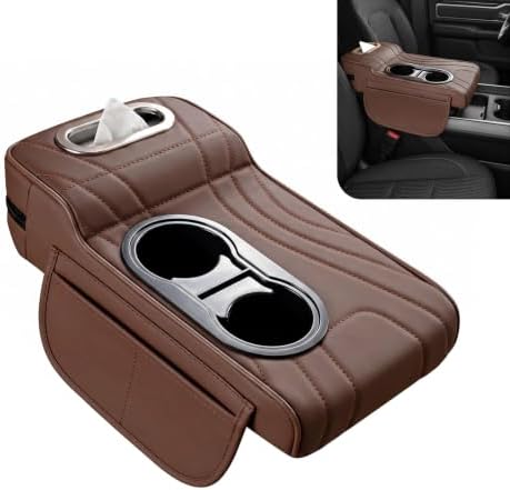 Multifunctional Car Armrest Cover, Premium PU Leather Memory Foam Center Console Cushion with Dual Cup Holders Tissue Box, Center Console Organizer Storage Pouch for Sedans SUVs Trucks (Coffee) by Unknown