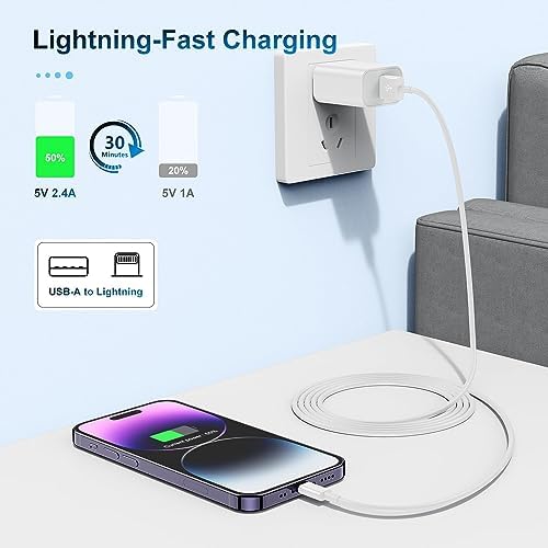2 Pack Apple MFi Certified Charger Cable 15ft, Lightning to USB Cable Cord 15 Foot, 2.4A Fast Charging,Apple Phone Long Chargers for iPhone 13/12/11/11Pro/11Max/ X/XS/XR/XS Max/8/7/6 White - Image 4