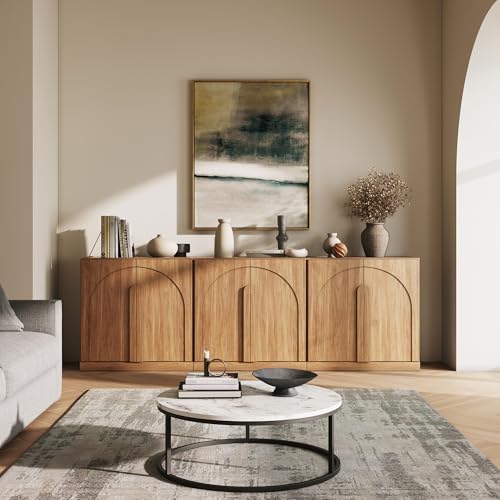 BELLEZE Bijou Modular Media Console Wall Unit (94.5" Wide)-Extra Long Entertainment Center & Storage System-Arched Door Sideboard for Living Room & Office-Hides All Clutter, Camel - Image 5