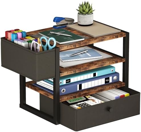 Desk Organizers and Accessories, 4-Tier Paper Letter Tray File Organizer with Fabric Drawer & 3 Pen Holder, Office Desk Accessories Workspace Desktop Organizer for Office Supplies, Rustic Brown by Homeiju