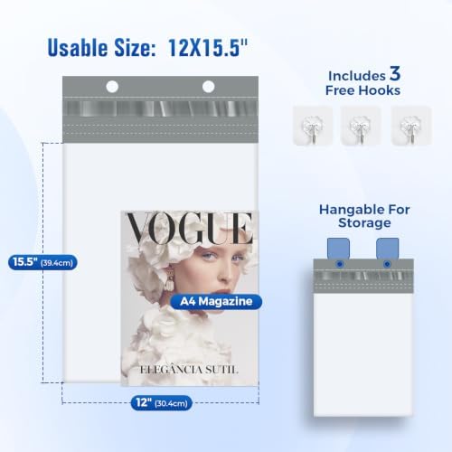 Fuxury Poly Mailers 12x15.5 300PC (Upgraded Version) Shipping Bags for Clothing with Easy-Open Tear Strip & Hangable for Easy Use, Self-Seal Shipping Envelopes Mailing Bags for Small Business in White - Image 2