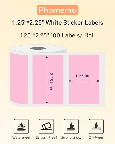 Phomemo 2.25"x1.25" White Thermal Labels, Self-Adhesive Sticker Label, Rectangle Direct Thermal Printer Labels for Phomemo 241bt, D520BT, B246D Label Printer, 1000 Sheets/Roll, Pink - Image 2