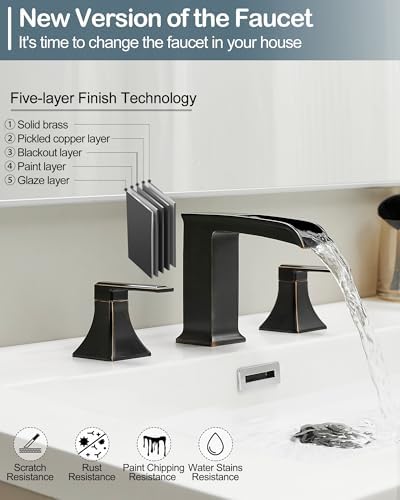 Oil Rubbed Bronze Bathroom Faucet 3 Hole, 4-16 Inch Brass Waterfall Faucet for Bathroom Sink, 2 Handle Vanity Bathroom Faucets with Pop-up Drain and Supply Hoses - Image 3