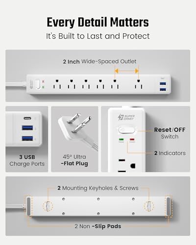 2 Pack 6Ft Extension Cord, SUPERDANNY Flat Plug Surge Protector Power Strip - Image 7