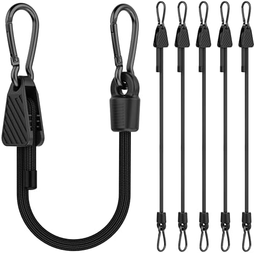 Upgraded Adjustable Bungee Cords with Hooks, 6 Pack Heavy Duty Outdoor Carabiner Bungee Cord, Black Super Elastic Bungee Straps Easily Adjust from 7" to 18", Great for Camping, Tarps, Bike Racks, Tent by Rugtol