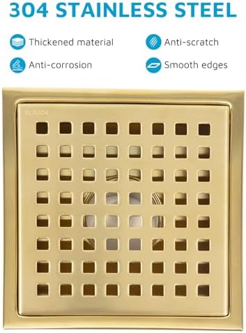 6" Square Shower Drain with Flange, Brushed Gold, Grate Removable - Image 4