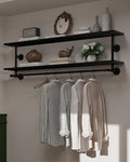 Black Clothes Rack 60in, 2-Tier Wall Mounted Garment Rack with Real Wood Shelf, Heavy Duty Hanging Clothes Rack, Multi-Purpose Hanging Rod, Space-Saving Closet Storage by INDUSTRIALSHELVESDESIGN