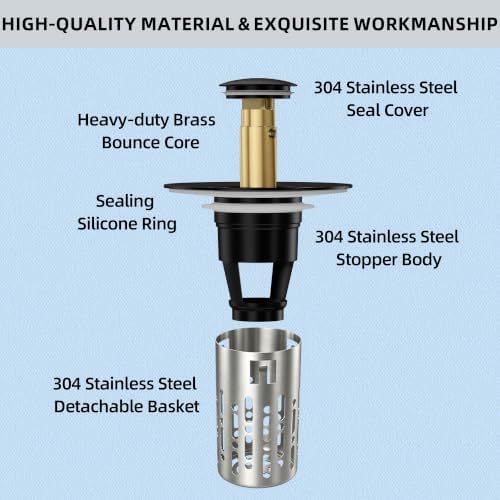 Bathroom Sink Stopper, 3 in 1 Bathroom Sink Drain Strainer Universal Pop Up Sink Stopper with Removable Hair Catcher Anti-Clog Filter Basket Brass & Stainless Steel Oil Rubbed Bronze 1 PC - Image 6