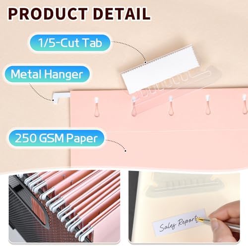 25-Pack Pink Hanging File Folders, Letter Size with 1/5-Cut Tabs, 35 Transparent Label Cards & 50 Sticker Labelsfor Home & Office Organization - Image 2