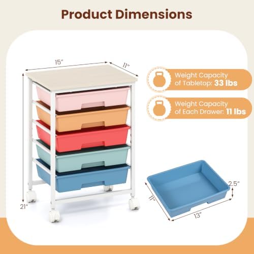 Giantex 5 Drawers Rolling Cart with Wheels, Wood Top, Sturdy Frame - Image 3