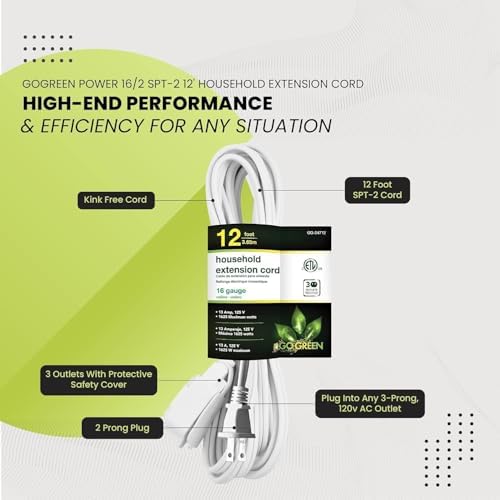 GoGreen Power Inc. (G-24712-5) 16/2 12' Household Extension Cord, 3 Outlets, White, 12ft, 5 Pack - Image 5