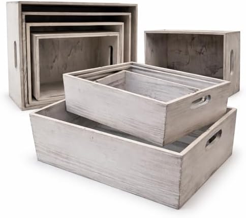 Oojami 4 Pack Nesting Wooden Crates for Display, Whitewashed with Handles - Image 3
