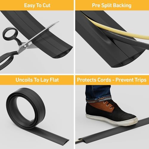 D-Line 6ft Floor Cord Cover, Cable Protector, Hide Extension Cords, Protect Cords, Prevent Cable Trips, Heavy Duty Cord Hider - Cable Cavity : 0.63" (W) x 0.31" (H) - Black (Pack of 4) - Image 2