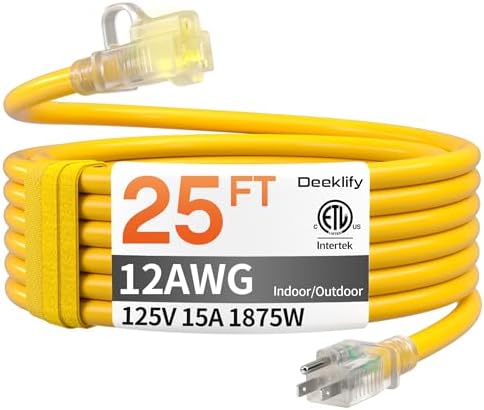 12 Gauge 25 FT Heavy Duty Outdoor Extension Cord Waterproof Yellow by Deeklify