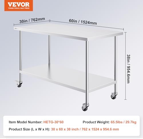 VEVOR Stainless Steel Work Table 30 x 60 x 38 Inch, with 4 Wheels, 3 Adjustable Height Levels, Heavy Duty Food Prep Worktable for Commercial Kitchen Restaurant, Silver - Image 3