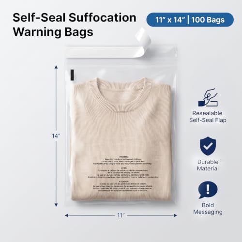 11” X 14” (100 Count) Self Seal Clear Poly Bags with Suffocation Warning - Image 2