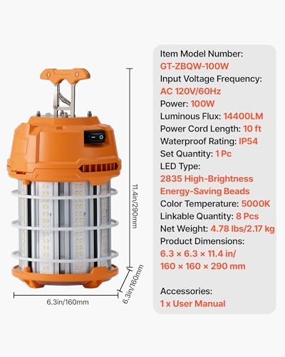 VEVOR LED Temporary Work Light, 100W, 14400 lm, 5000K Durable & Water-Resistant, Linkable up to 8 Units, Ceiling or Stand Job Site Illumination for Construction Sites, Workshops, Indoor & Outdoor Use - Image 7