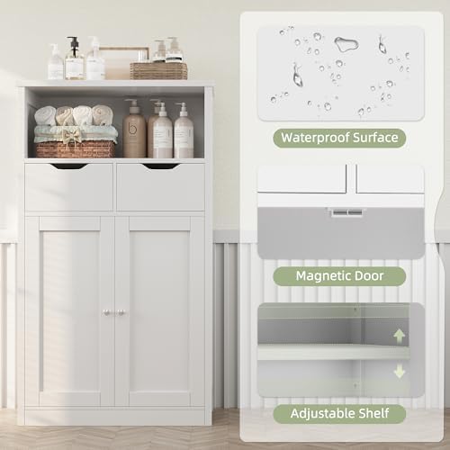 Shintenchi Floor Storage Cabinet, Bathroom Storage Organizer with Doors and Drawers, Freestanding Side Cupboard Pantry with Adjustable Shelf for Bathroom/Kitchen/Livingroom, White - Image 6