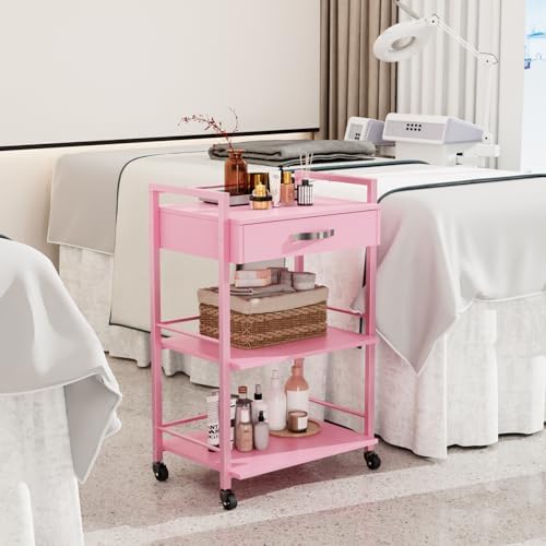 OmySalon Salon Trolley Cart with Wheels, Esthetician Cart with 1 Drawer & 2 Trays, Mobile Storage Organizer for Beauty Spa Massage Tattoo Esthetic Facial Tool Holder Station, Pink - Image 2