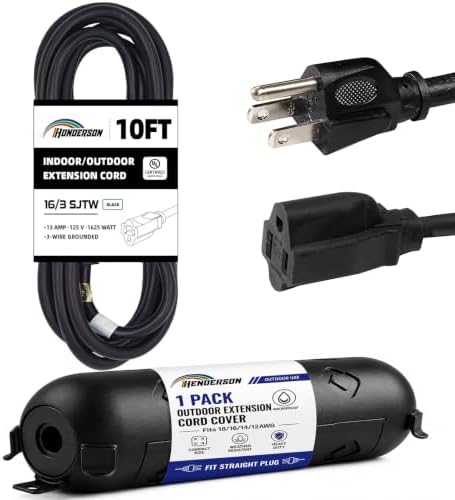 10FT Black Outdoor Extension Cord with Waterproof Cord Cover Kit, 16/3 SJTW by HONDERSON
