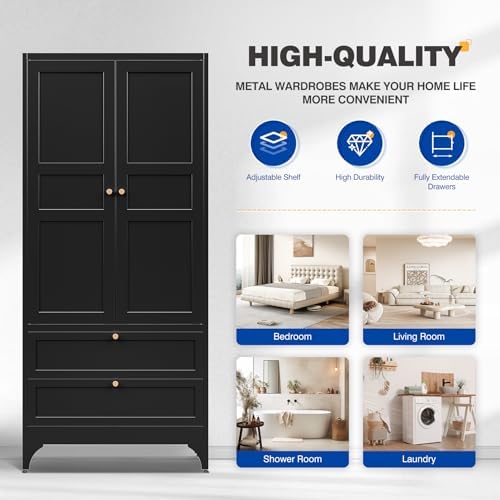 BYNSOE 71" Tall Metal Wardrobe Closet with 2 Drawers, Steel Armoire Cabinet with Hanging Rod and Adjustable Shelves, Freestanding Clothes Storage Organizer Furniture of Metal for Bedroom - Image 5