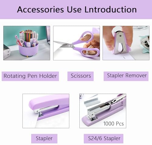 Office Supplies,Purple Desk Accessories,Office Supplies Set,Desk Organizer,Stapler,Tape Dispenser,Scissors,Staple Remover,Binder Clips,Staples,Ballpoint Pen,Index Tabs with Ruler,Clear Tape.10pcs - Image 2