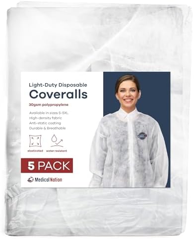 Medical Nation Hazmat Suits Disposable | 5 Pack | Light Duty Disposable Coveralls Men | with Collar - Overall Protective Chemical Suit for Men & Women, Disposable Paint Suit - 3XL - Image 2